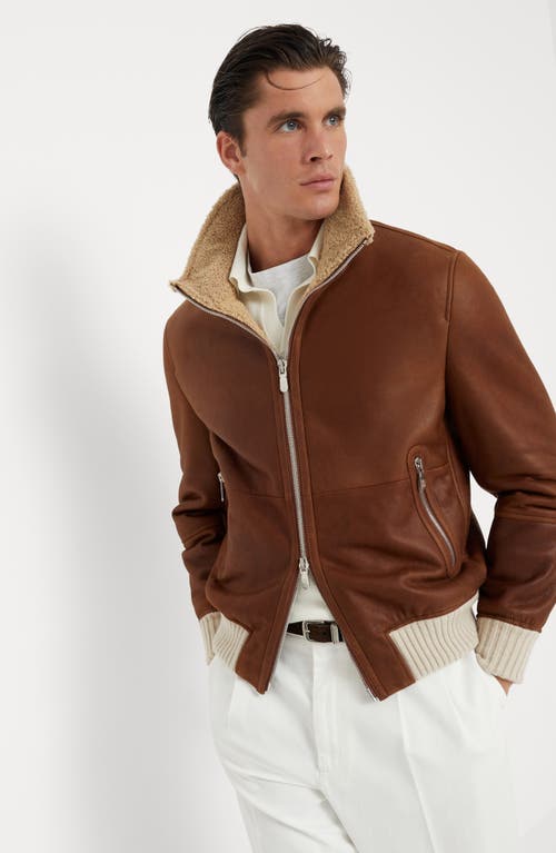 Shop Brunello Cucinelli Nappa Shearling Bomber Jacket In Chocolate