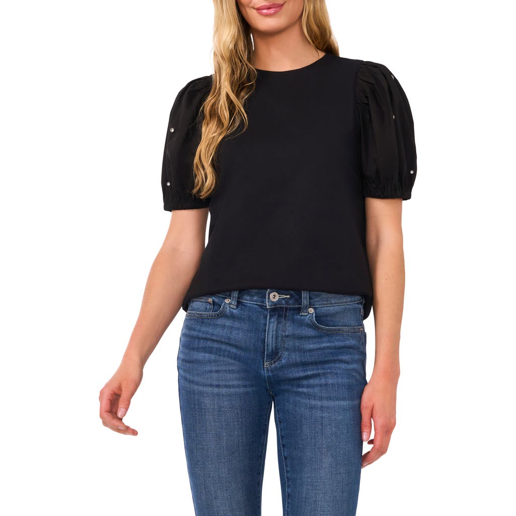 Cece Embellished Puff Sleeve Mixed Media Top In Rich Black