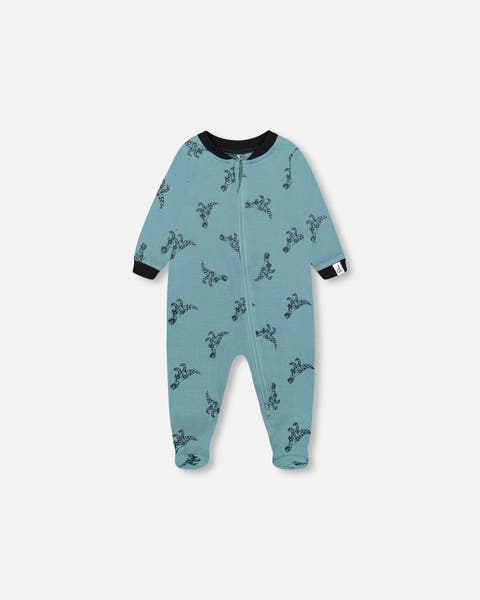 Baby Boy's Organic Cotton One Piece Pajama Teal With Mechanical Dinosaurs Print