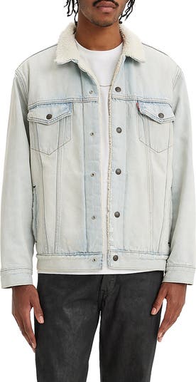 Faux shearling trim denim 2025 trucker jacket