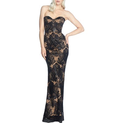 Dress The Population Nicolette Sequin Lace Strapless Trumpet Gown, Black
