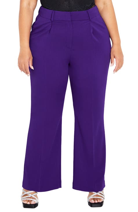 Plus Size Purple Wide Leg Stretch Velvet Trousers