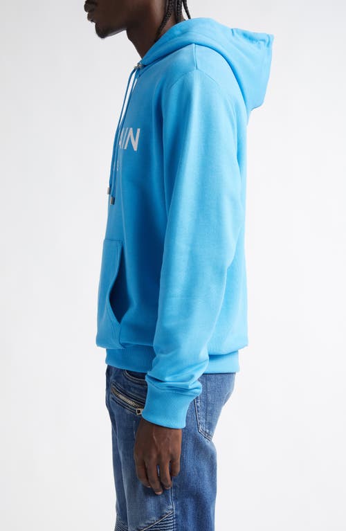 Shop Balmain Organic Cotton Logo Graphic Hoodie In Sme Sky Blue/white