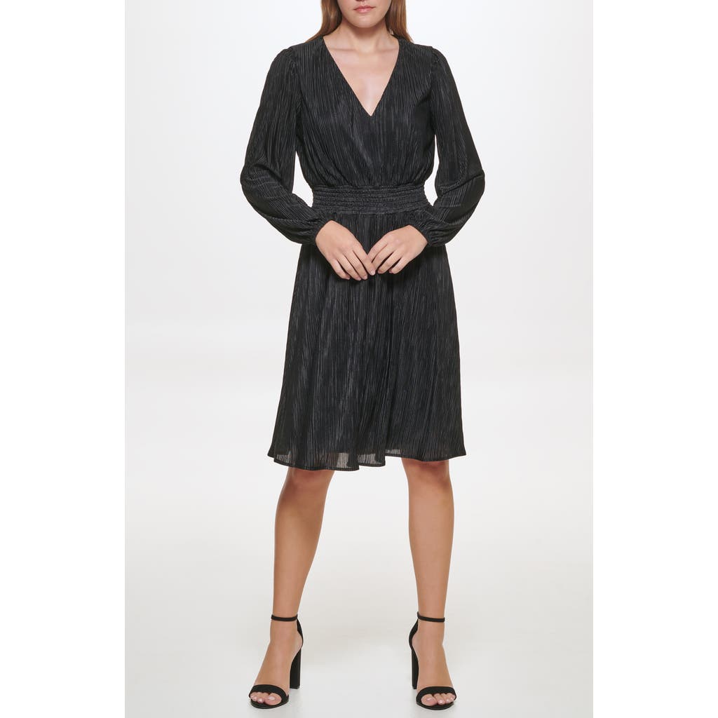 Kensie Pleated V-neck Long Sleeve A-line Dress In Black