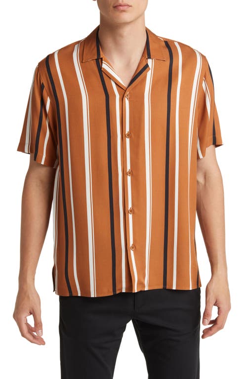 Open Edit Relax Fit Short Sleeve Button-Up Shirt in Rust- White Diane Stripe
