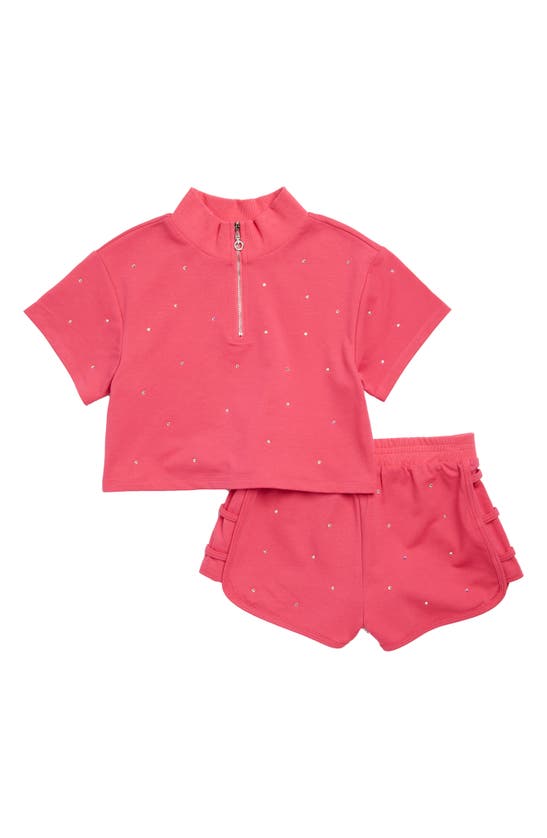 Shop Sara Sara Kids' Rhinestone Dot Short Sleeve Sweatshirt & Shorts Set In Fuchsia