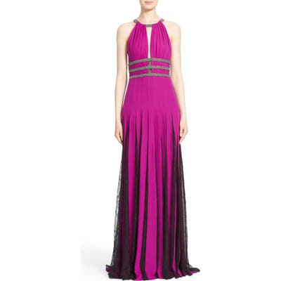 Badgley Mischka Couture Silk Halter Gown With Lace Pleats
