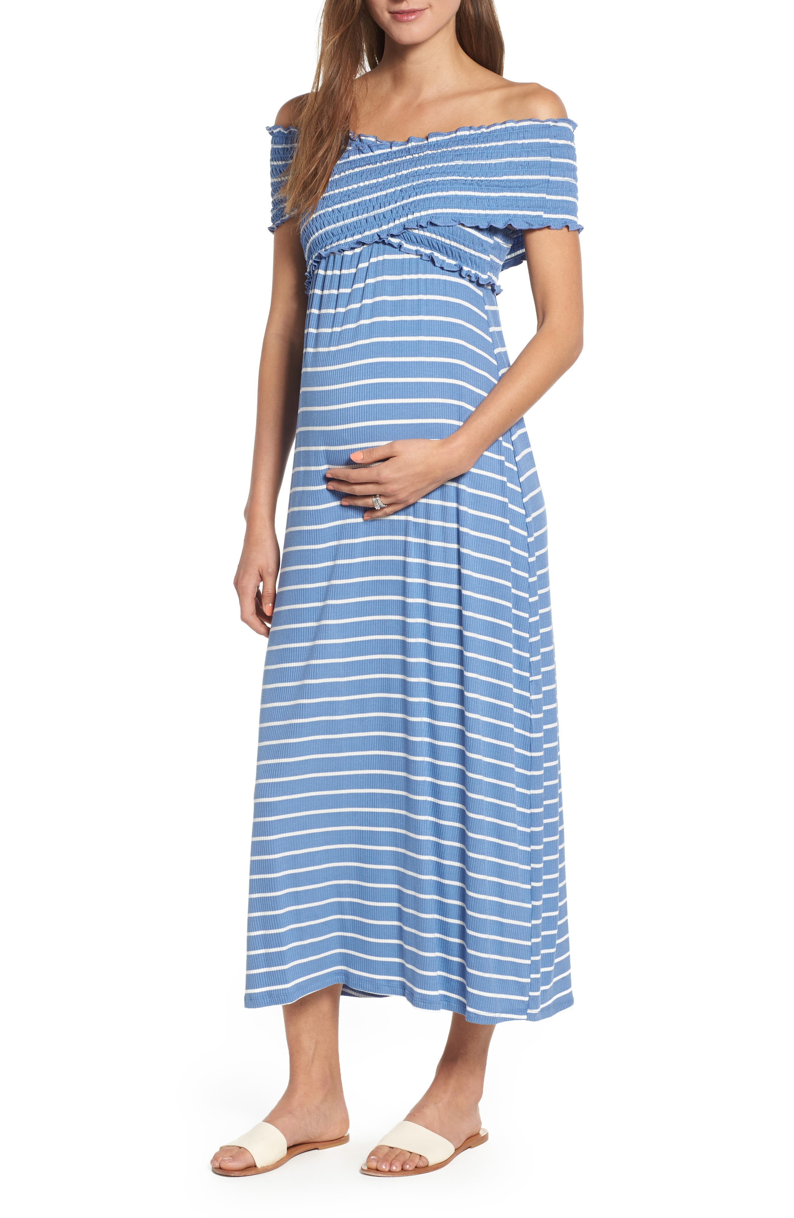 Maternal America Crisscross Off The Shoulder Maxi Maternity Dress, Blue