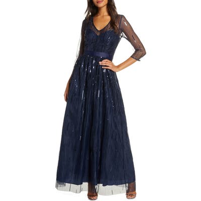 Eliza J Sequined Illusion Mesh Evening Gown, Blue