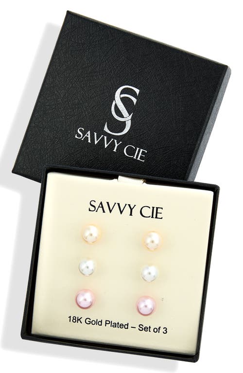 Savvy Cie Jewels Set Of 3 Mother-of-pearl Stud Earrings In White