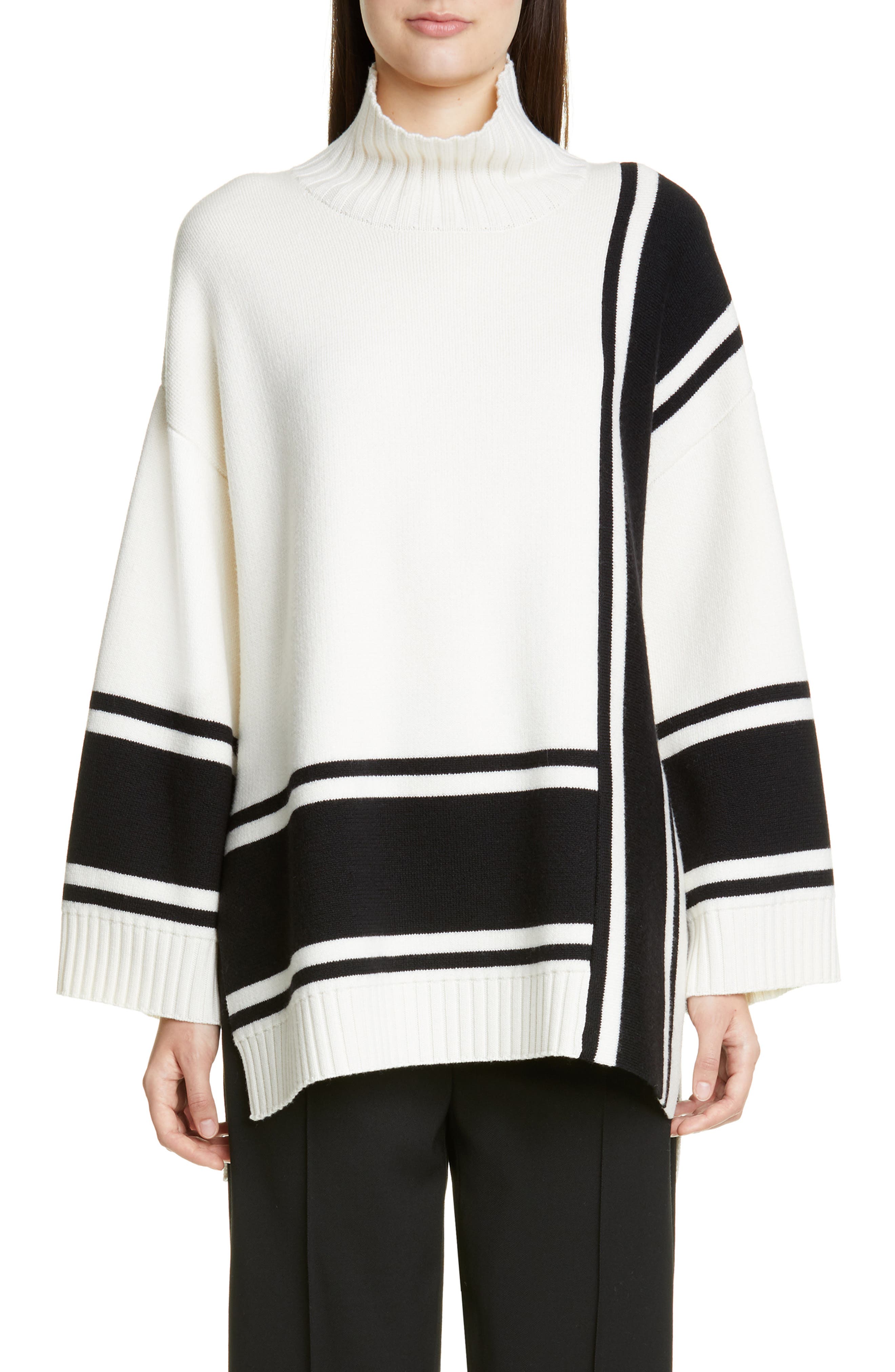 ST. JOHN COLLECTION Bold Stripe Mock Neck Sweater, Main, color, CAVIAR/ CREAM MULTI