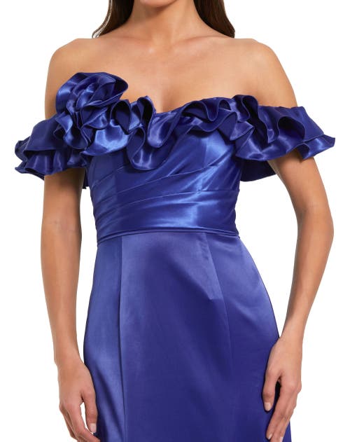 Mac Duggal Satin Ruffle Detail Off The Shoulder Mermaid Gown In Cobalt
