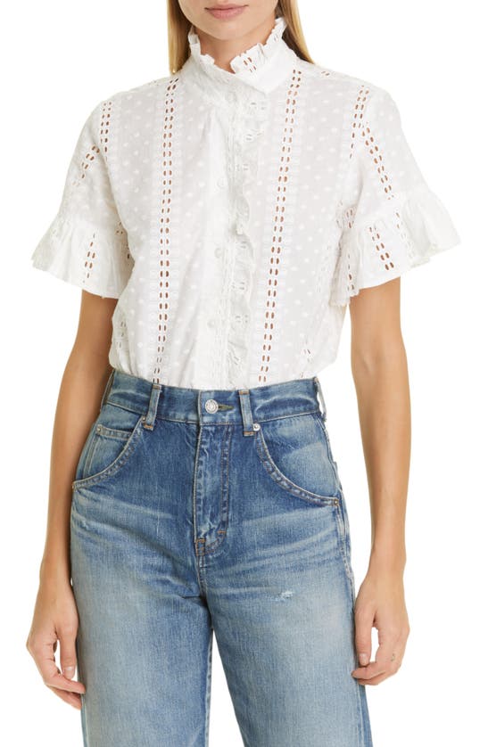 Mille Vanessa Ruffle Detail Cotton Blouse In Pearl Polka Dot Eyelet
