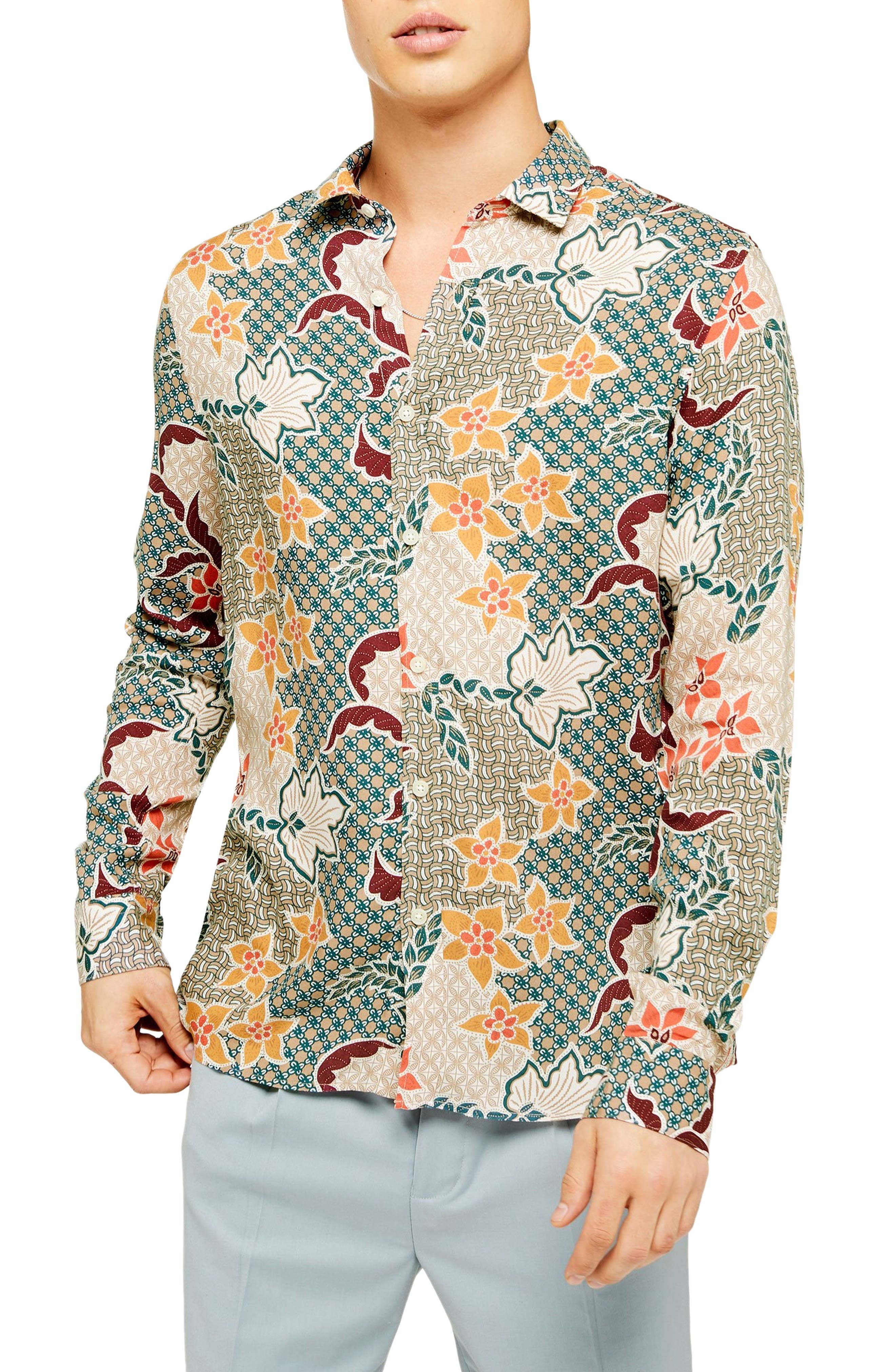 Topman Slim Fit Floral Tile Print Viscose ButtonUp Shirt Nordstrom