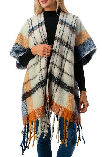 Marcus Adler Fringe Plaid Ruana In Ivory