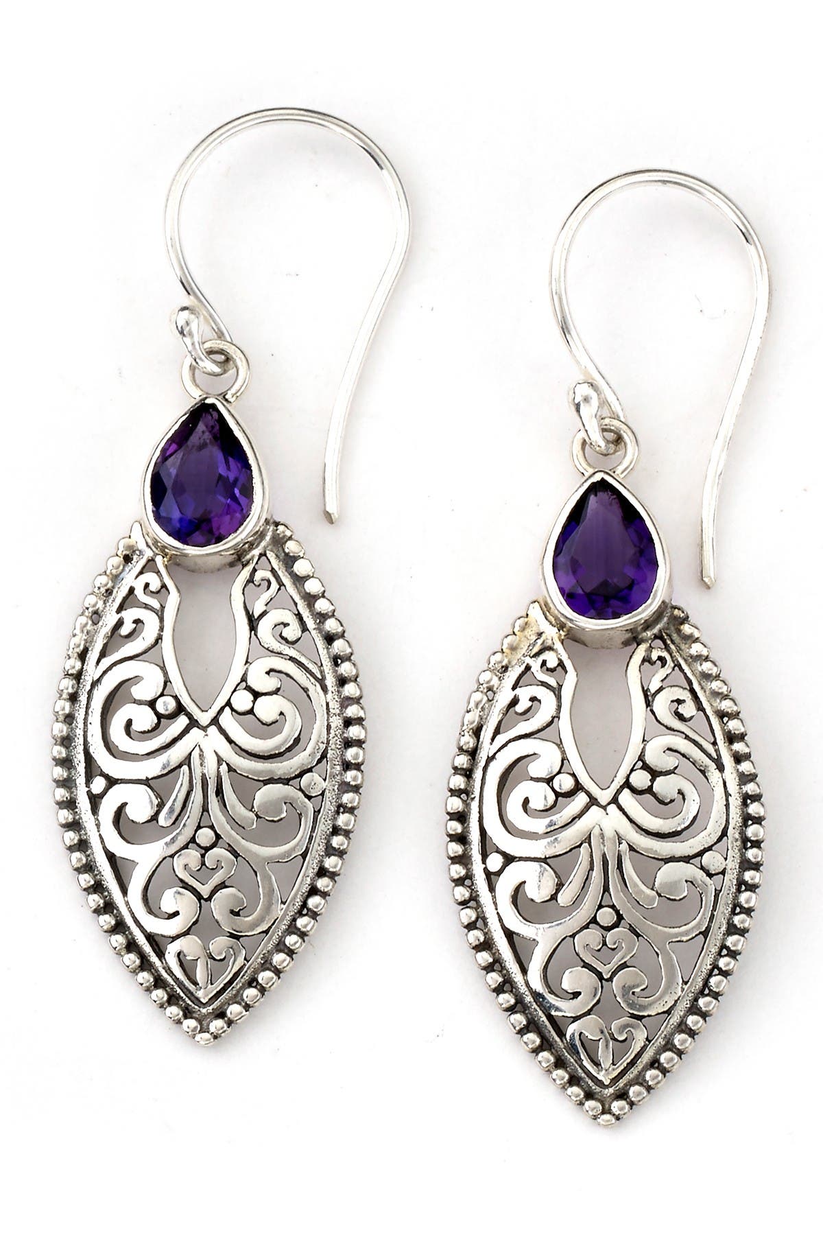 Samuel B Jewelry Sterling Silver Pear Cut Amethyst Filigree Marquise Cut Drop Earrings In Silver-purple