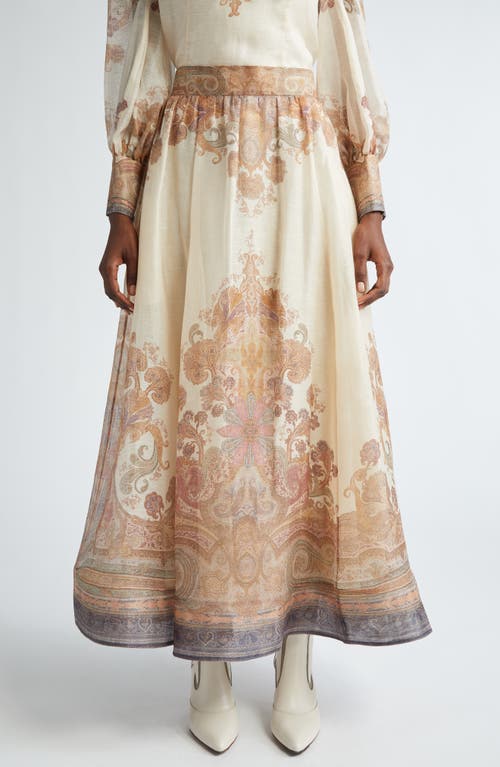 Shop Zimmermann Illustration Floral Paisley Linen & Silk Maxi Skirt In Cream Paisley