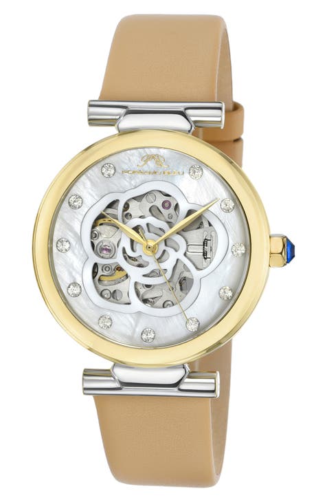 Laura White Topaz Automatic Leather Strap Watch, 36mm