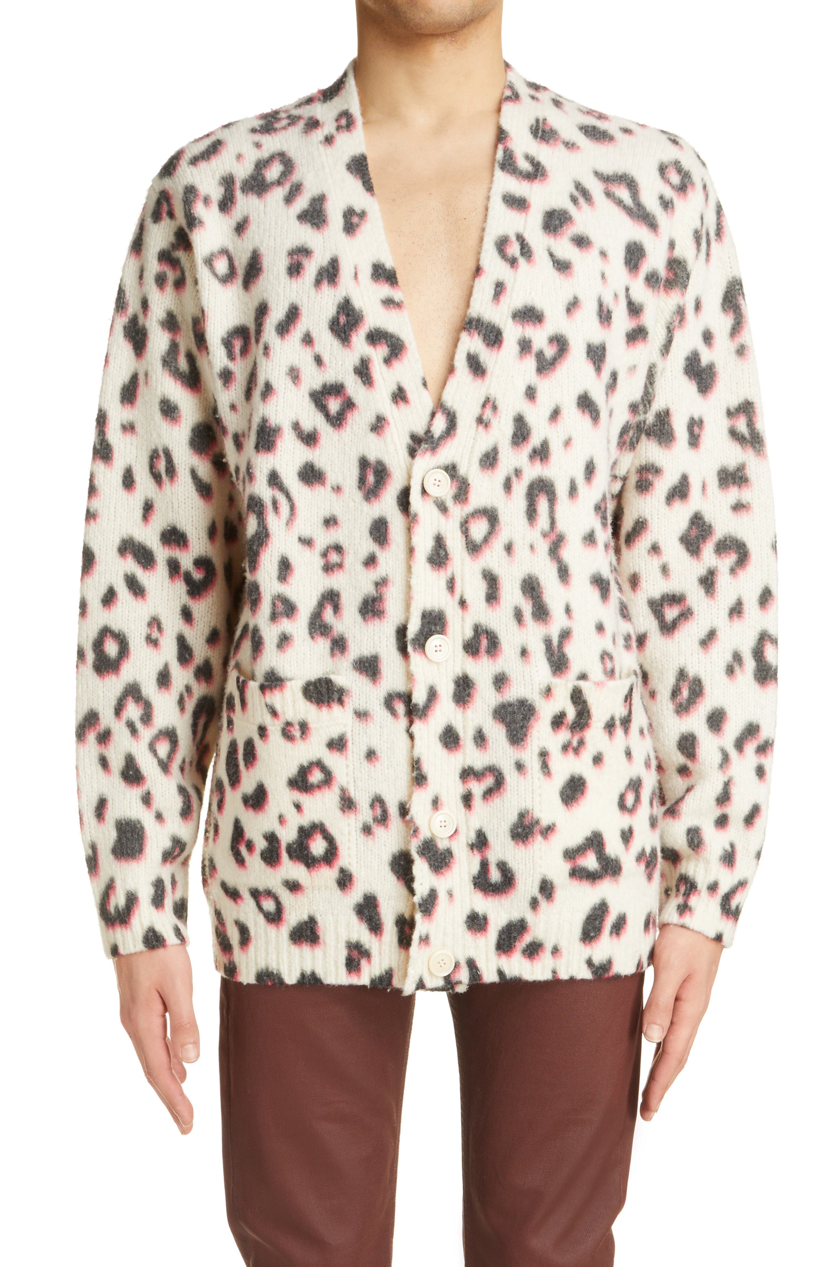 Dries Van Noten Naffs Leopard Print Merino Wool \u0026 Cashmere Blend Cardigan in Ecru