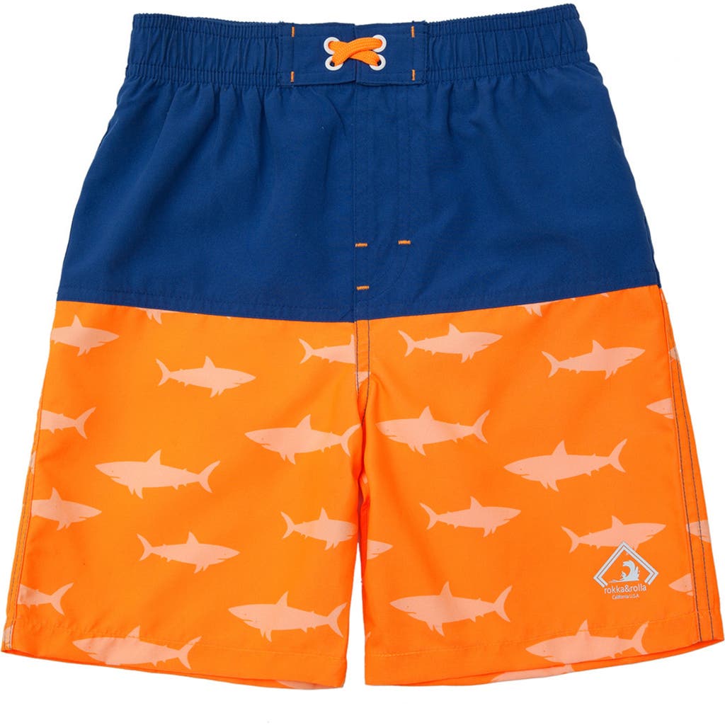 Rokka&rolla Toddler Swim Trunks With Mesh Lining Upf 50+ In Blue Orange Shark