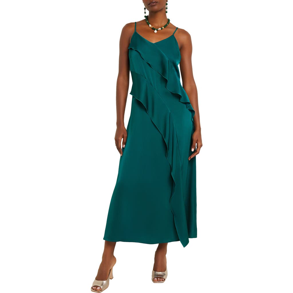 Misook Ruffle Charmeuse Crepe De Chine Maxi Dress In Spruce