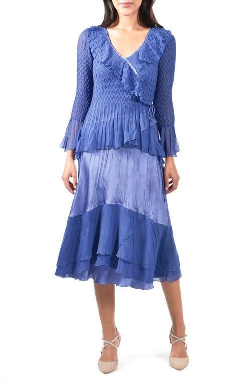 Komarov Tiered Long Sleeve Faux Wrap Dress in Fregatta Blue