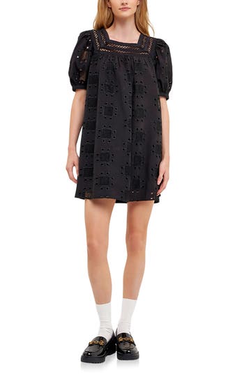 Shop English Factory Embroidered Cotton Eyelet Shift Dress In Black
