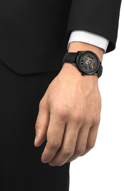 Tissot Men's Swiss Automatic Chemin Des Tourelles Skeleton Black Leather Strap Watch 40mm In Gun