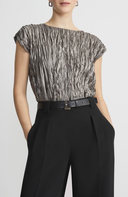 Metallic Foil Plissé Cap Sleeve Top in Pewter Metallic