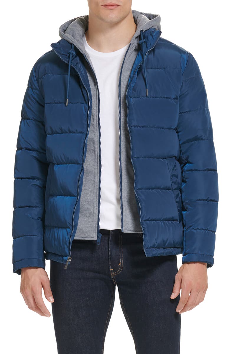 KENNETH COLE NEW YORK Hooded Faux Layer Puffer Jacket, Main, color, MARINE