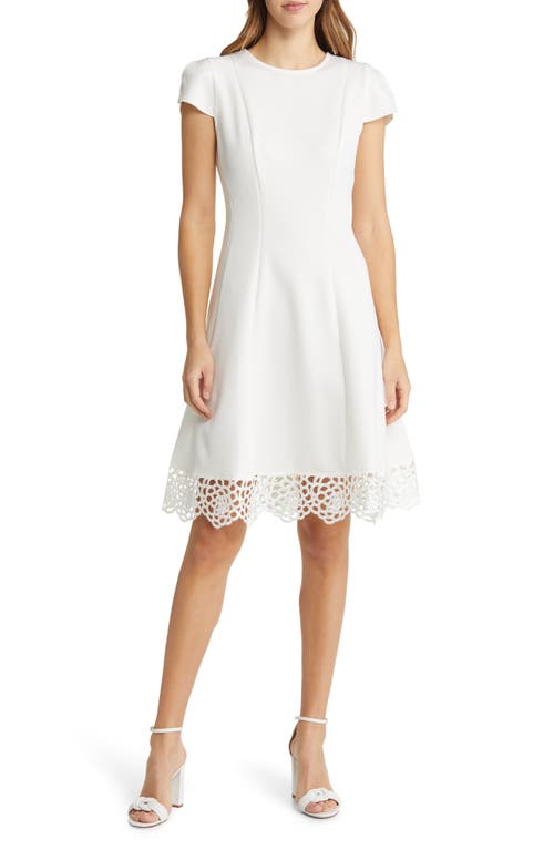 Donna Ricco Tulip Sleeve Lace Hem Fit Flare Dress in White Smart Closet