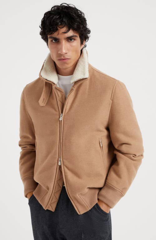 Shop Brunello Cucinelli Lightweight Water-resistant Cashmere Bomber Jacket With Detachable Shearling Inse In Camel