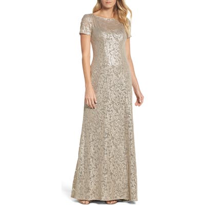 La Femme Shimmer Jacquard Gown, Metallic