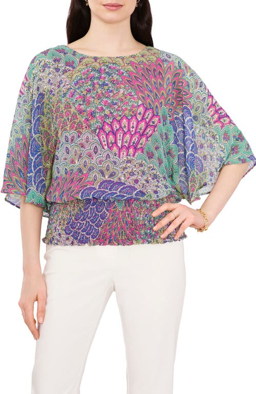 Chaus Dolman Sleeve Smocked Blouse In Lime/fuchsia/multi