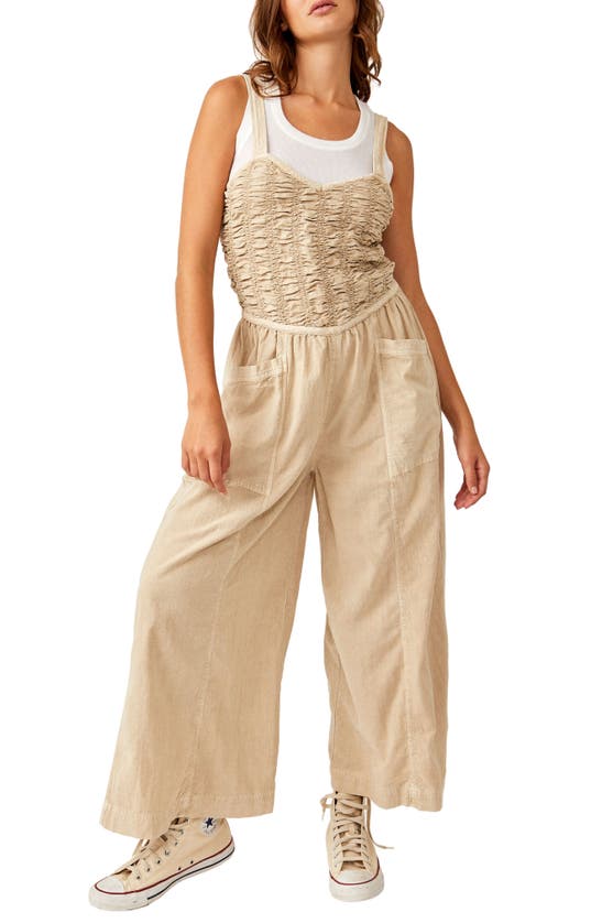 Shop Free People Forever Always Cotton Wide Leg Jumpsuit In Bleached Sand