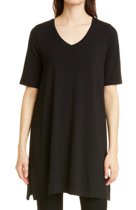 EILEEN FISHER Womens Black 3/4 Sleeve Jewel Neck Tunic Top