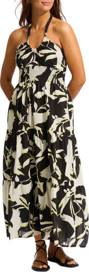 Seafolly Birds of Paradise Halter Tiered Cotton Cover-Up Maxi