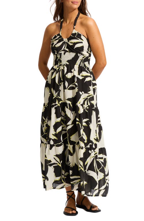 Birds of Paradise Halter Tiered Cotton Cover-Up Maxi Dress in Black