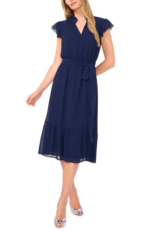 Cece Scallop Trim Chiffon Midi Dress In Classic Navy