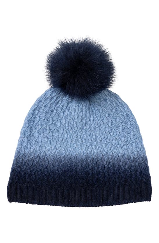 Amicale Cashmere Dip Dye Hat With Genuine Shearling Pom In Light Blue