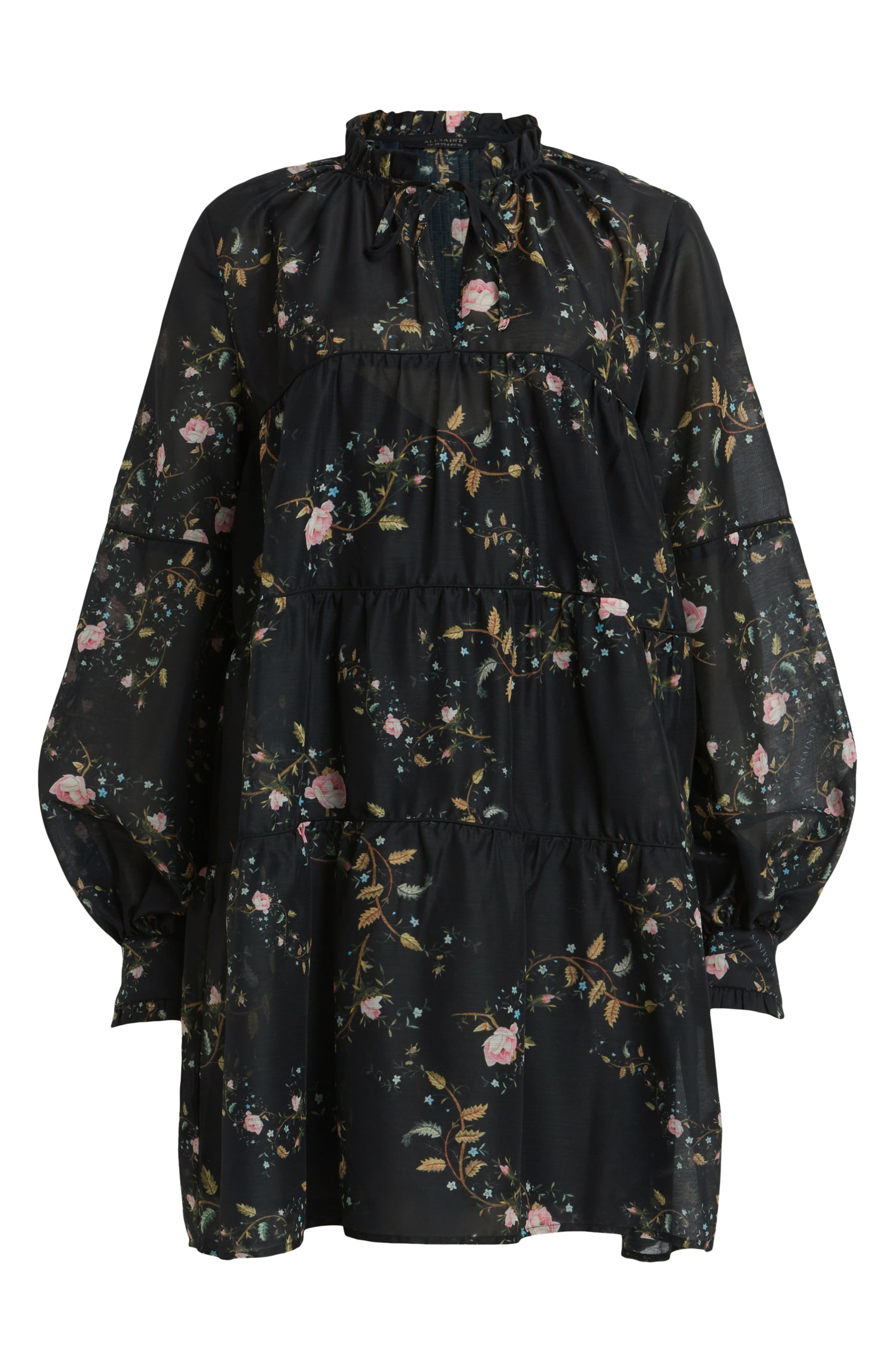 AllSaints Mindy Floral Long Sleeve Trapeze Minidress in Black | Smart Closet