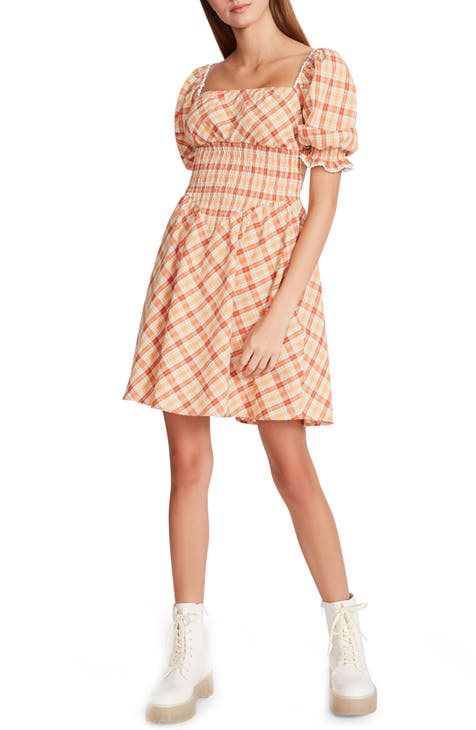 Seersucker Plaid Puff Sleeve Mini Dress