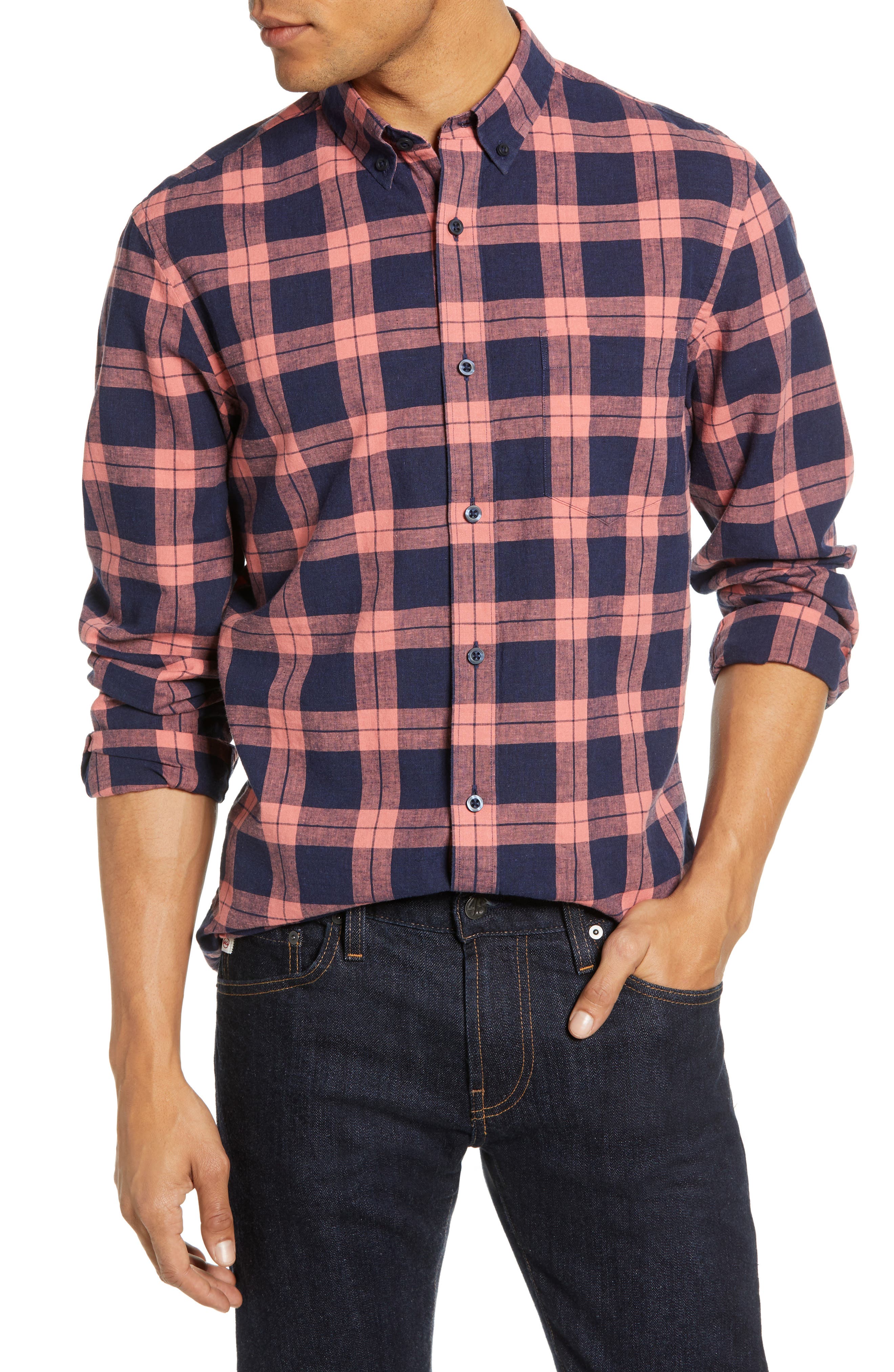 1901 Heather Plaid Linen Blend Slim Fit Sport Shirt