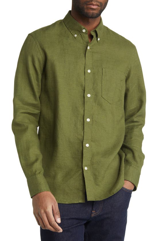 Nordstrom Trim Fit Solid Linen Button-down Shirt In Green Cypress