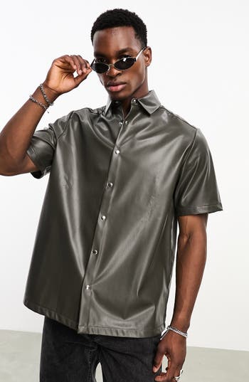 Asos Design Boxy Short Sleeve Faux Leather Shirt In Brown