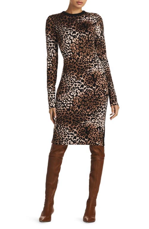 Shop St John St. John Collection Leopard Jacquard Long Sleeve Body-con Knit Dress In Camel/black Multi