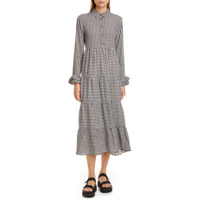 Ganni Gingham Print Crepe Long Sleeve Midi Dress, US / 4 - Black