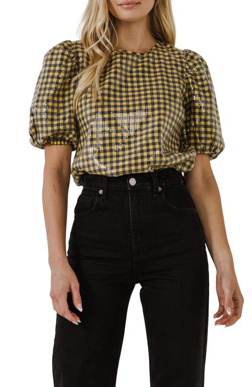 Shop English Factory Sequin Gingham Top In Yellow/navy