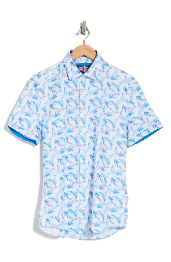 Soul Of London Feather Print Performance Short Sleeve Button-up Shirt In White