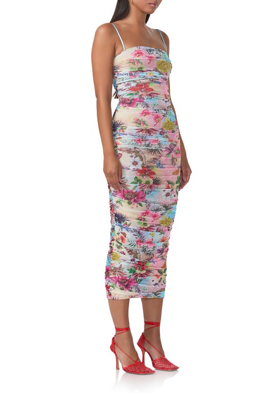 Shop Afrm Hazel Print Ruched Mesh Midi Dress In Tropical Convo